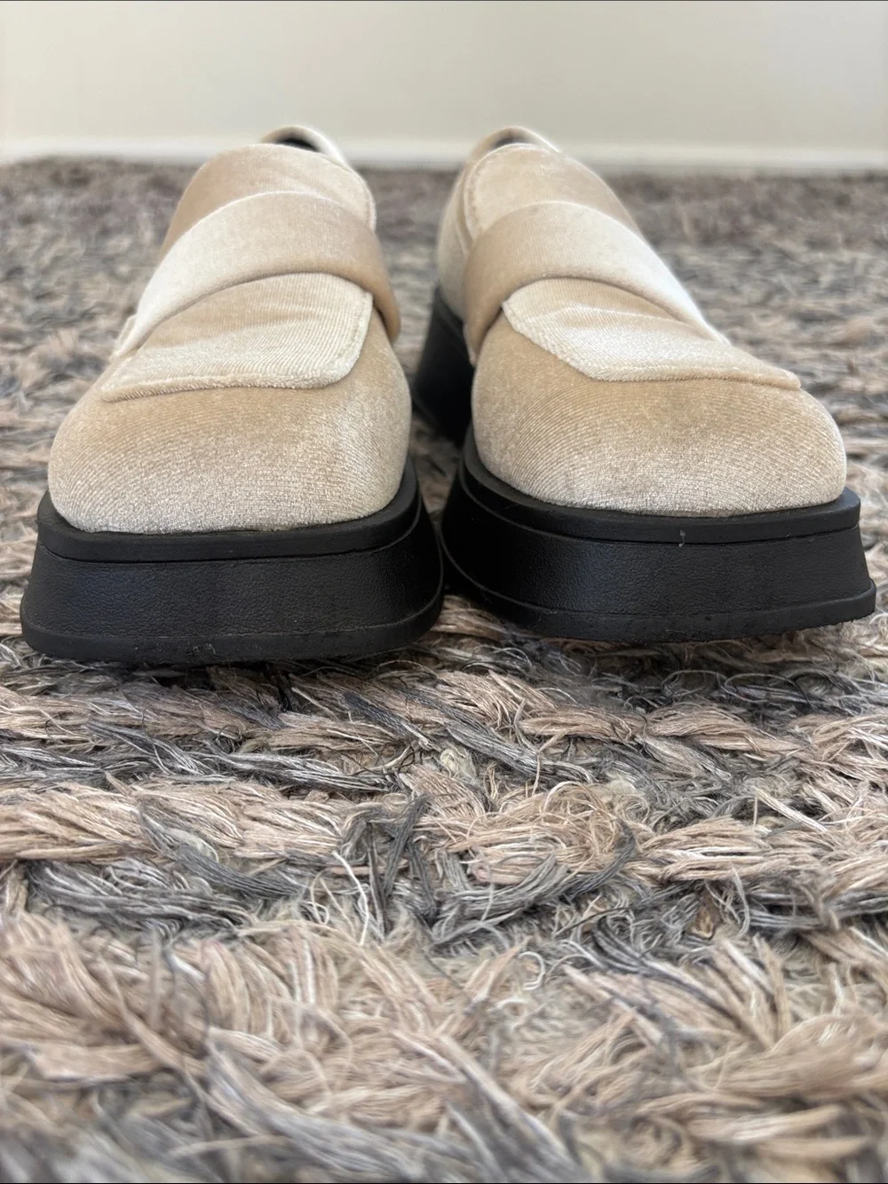 Velvet Slip-On Loafers in Cream with Subtle Platform Black Sole Size 36
